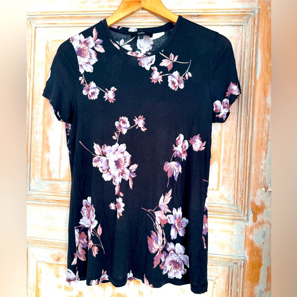 Saba soft black tee with purple/pink/brown flowers. M.